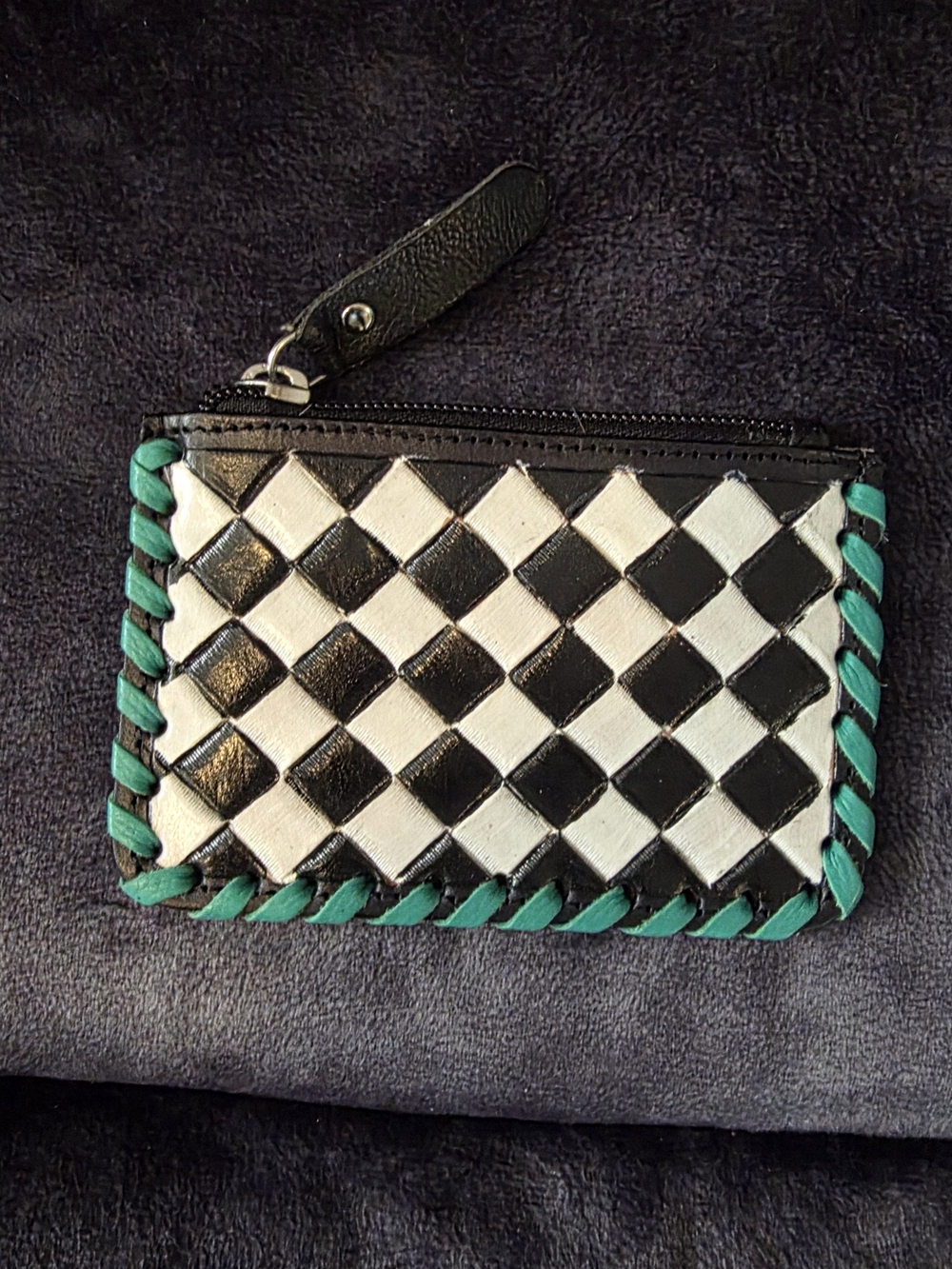Women's Black and White Checkered Leather Zip Pouch with Teal Trim